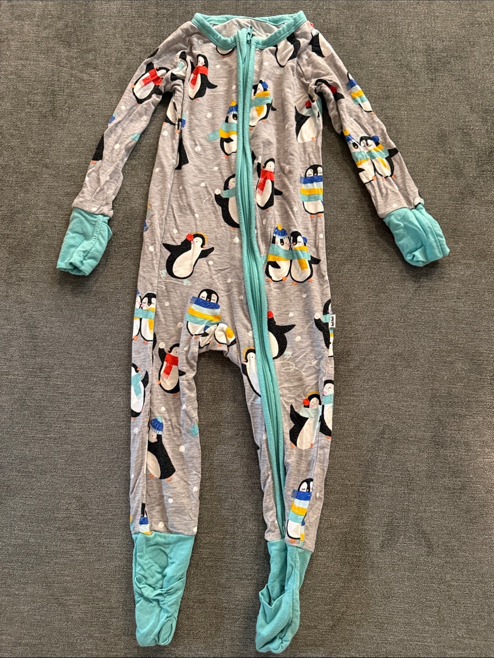 Little Sleepies Penguin Print sleeper Pajamas in Gray and Teal